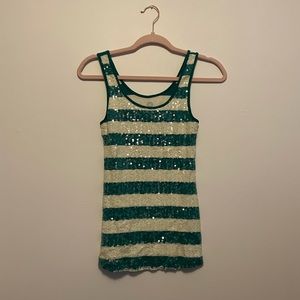 Green and white striped sequin tank top